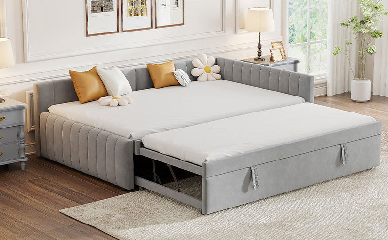 Full Size Upholstered L-Shaped Upholstered Daybed with Twin
Size Pop Up Trundle, Gray