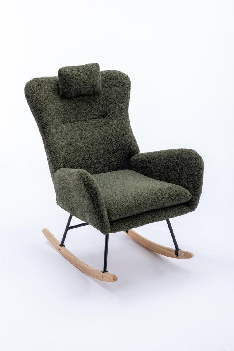 35.5 inch Rocking Chair, Soft Teddy Velvet Fabric Rocking Chair for Nursery, Comfy Wingback Glider Rocker with Safe Solid Wood Base for Living Room Bedroom Balcony (dark green)