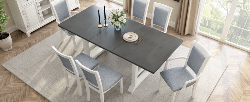 7-Piece Updated 76.9inch Extendable Trestle Dining Table Set with Removable Leaf, Kitchen Table Set with Upholstered Side Chair and Arm Chair, Set of 6, White