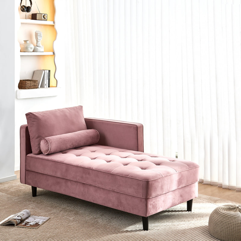 64" Velvet Chaise, Mid-Century Modern Chaise Furniture, Sleeper for Living Room, Apartment, Tool-Free Assembly. (Pink)