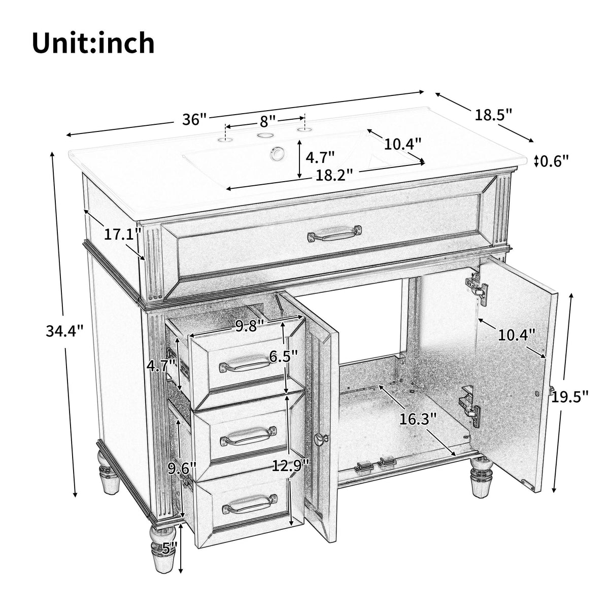 Bathroom Vanity With Sink, 2 Doors 2 Drawers, Freestanding Design, photo 28 of 40