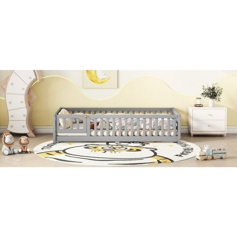 Twin Size Bed Floor Bed with Safety Guardrails and Door for Kids, Gray