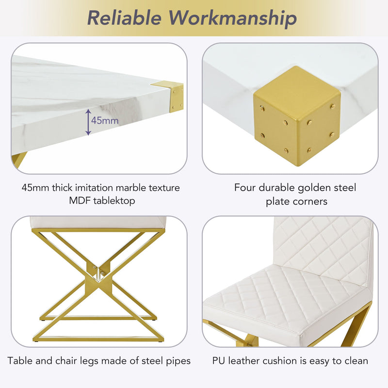 7-Piece Modern Dining Table Set, Rectangular Marble Texture Kitchen Table and 6 PU leather Chairs with X-Shaped Gold Steel Pipe Legs for Dining Room (White)