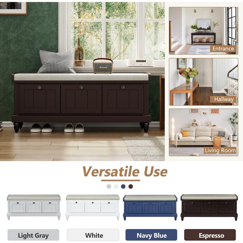 TREXM Classic Shoe Bench with Cushion and Three Drawers, Fluted Entryway Bench with Storage for Living Room, Entryway, and Hallways (Espresso)