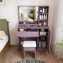 Purple Vanity Desk with Lighted Mirror & Padded Stool