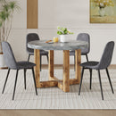A modern and practical circular dining table. Made of MDF tabletop and wooden MDF table legs. A set of 4 cushioned chairs.