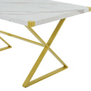 7-Piece Modern Dining Table Set, Rectangular Marble Texture Kitchen Table and 6 PU leather Chairs with X-Shaped Gold Steel Pipe Legs for Dining Room (White)