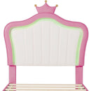 Twin Size Upholstered Bed Frame with LED Lights, Modern Upholstered Princess Bed With Crown Headboard,White+Pink