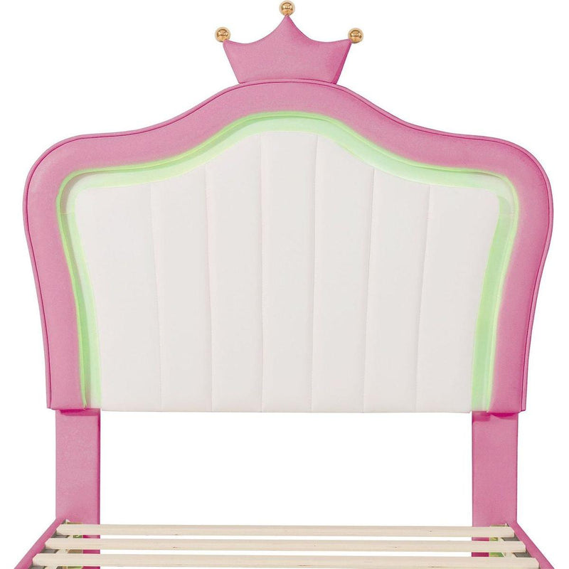 Twin Size Upholstered Bed Frame with LED Lights, Modern Upholstered Princess Bed With Crown Headboard,White+Pink