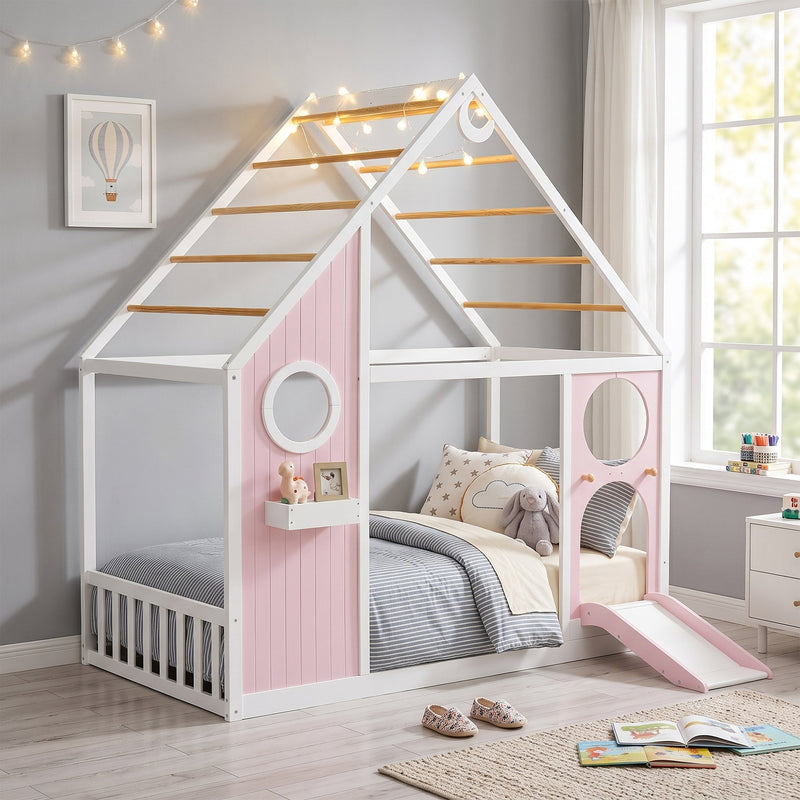 Twin House Bed with Slide, Ball Light Strip