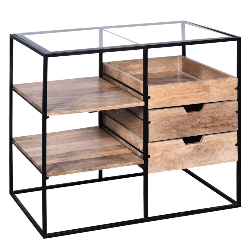 35 Inch Handcrafted Modern Glass Table, Storage Shelves, 3 Drawers, Metal Frame, Natural Brown and Black