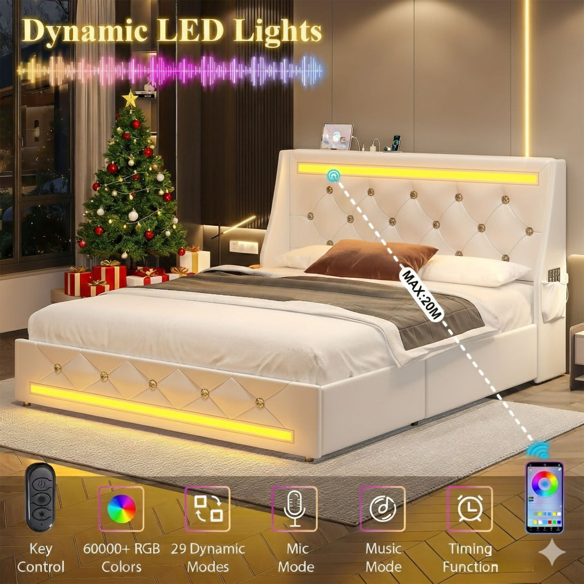Wingback Upholstered Bed Frame With LED Lights, Charging Station, photo 31 of 40