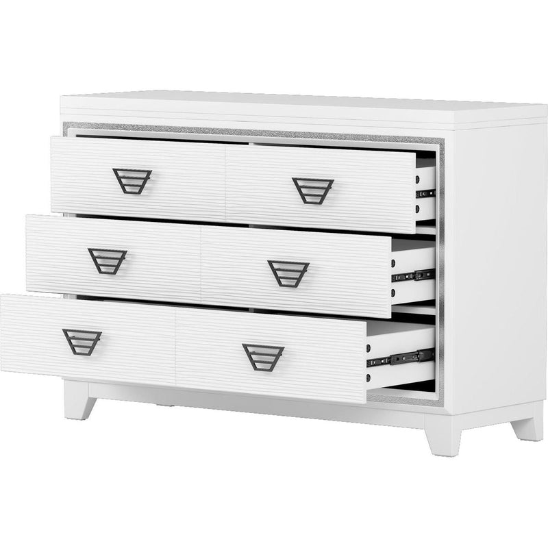 3-Pieces Bedroom Sets Queen Size Upholstered Bed with LED Lights, Nightstands and Dresser with Metal Handles and Sparkling Shiny Decoration, White