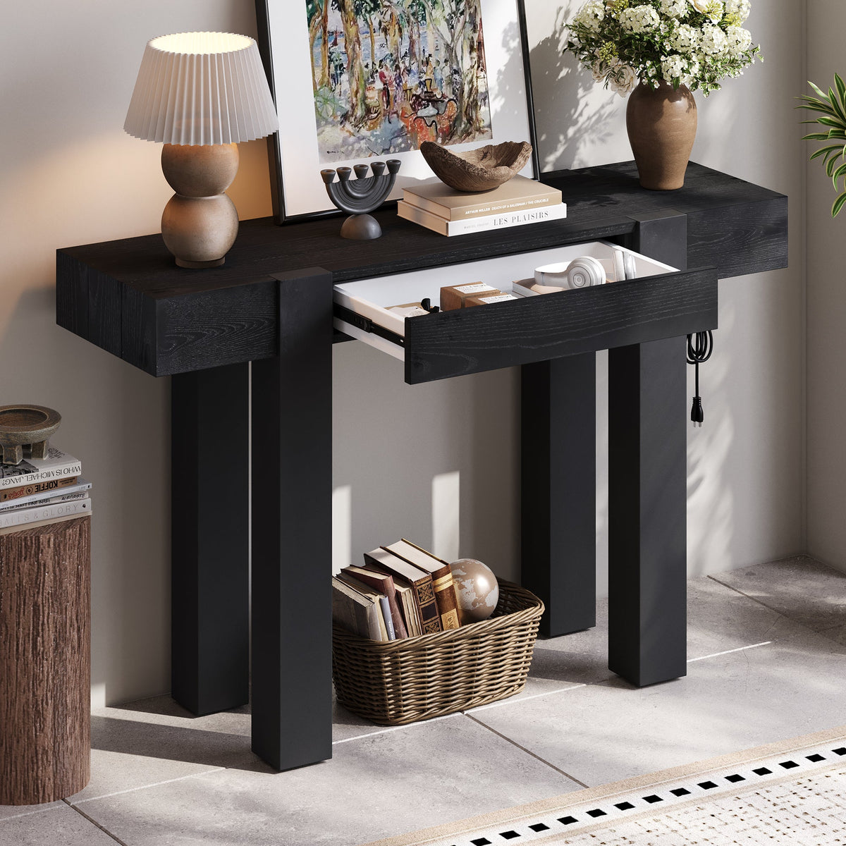 TREXM Rustic Minimalist Console Table with Hidden Drawer, Side Power Outlet