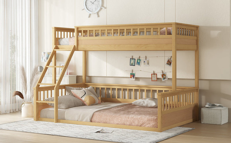 Twin XL over Queen Bunk Bed with Ladder and Guardrails, Natural