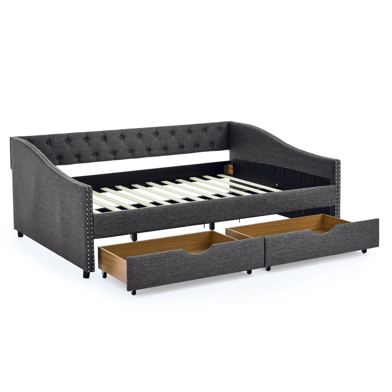 Full Size Daybed with Drawers Upholstered Tufted Sofa Bed, with Button on Back and Copper Nail on Waved Shape Arms(80.5"x55.5"x27.5")