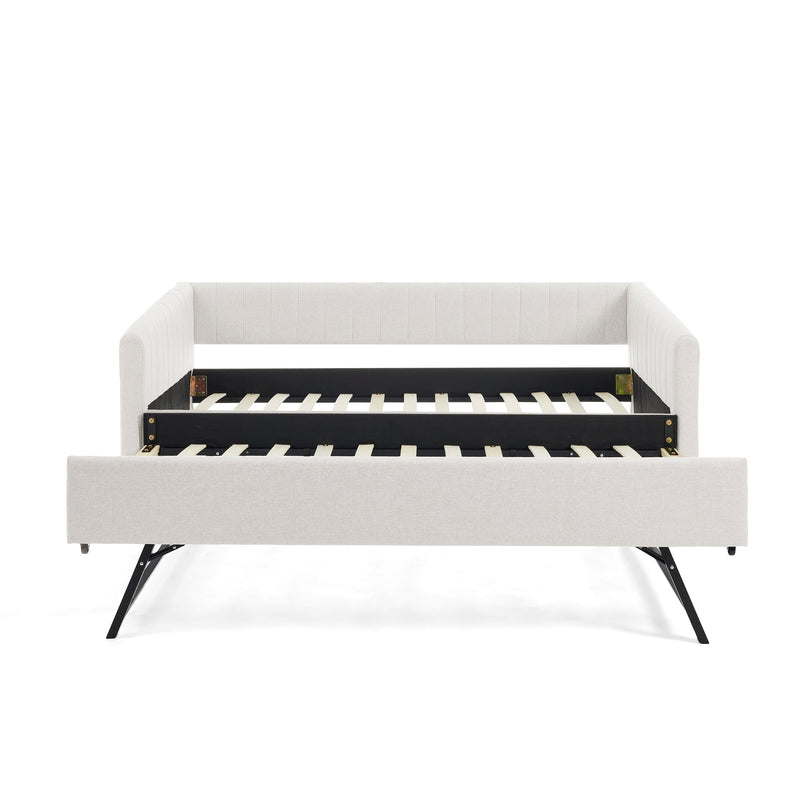 Twin Size Daybed with Trundle Upholstered Sofa Bed, with Vertical Stripes, Linen Fabric, Beige  (82.5'x43'x30')