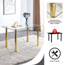 A modern minimalist style glass dining table. Transparent tempered glass tabletop with a thickness of 0.3 feet and golden metal legs. Suitable for restaurants and living rooms. 51"x31.4"x29.5"