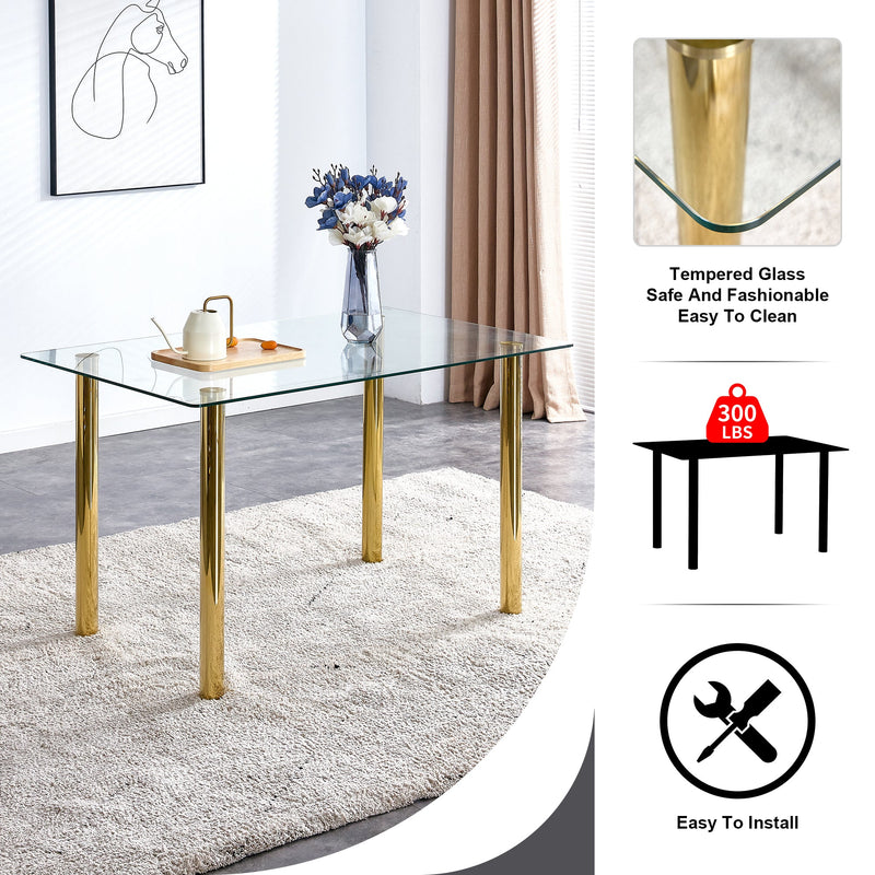 A modern minimalist style glass dining table. Transparent tempered glass tabletop with a thickness of 0.3 feet and golden metal legs. Suitable for restaurants and living rooms. 51"x31.4"x29.5"