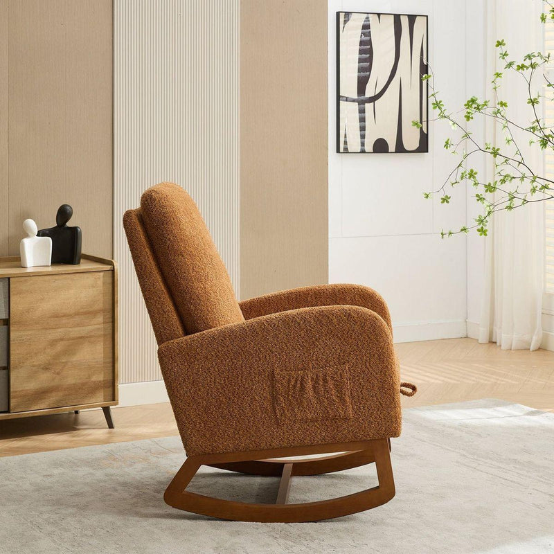 25.4"W Rocking Chair for Nursery, High Back Glider Chair with Retractable Footrest, Side Pocket, Rocking Accent Armchair with Rubber Wood Legs for Living Room/Bedroom.Caramel