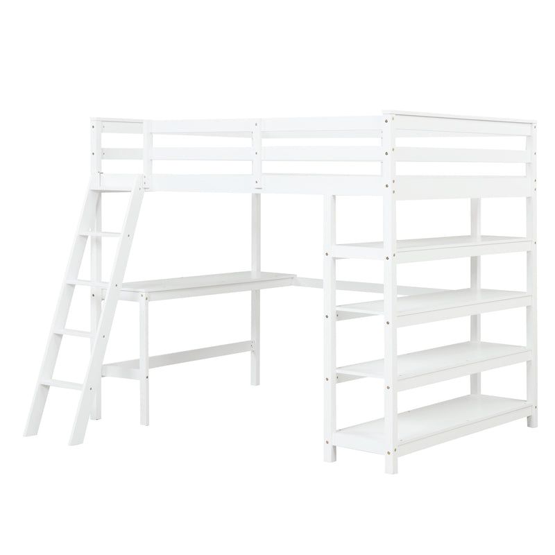 Loft Bed Full with desk,ladder,shelves, White