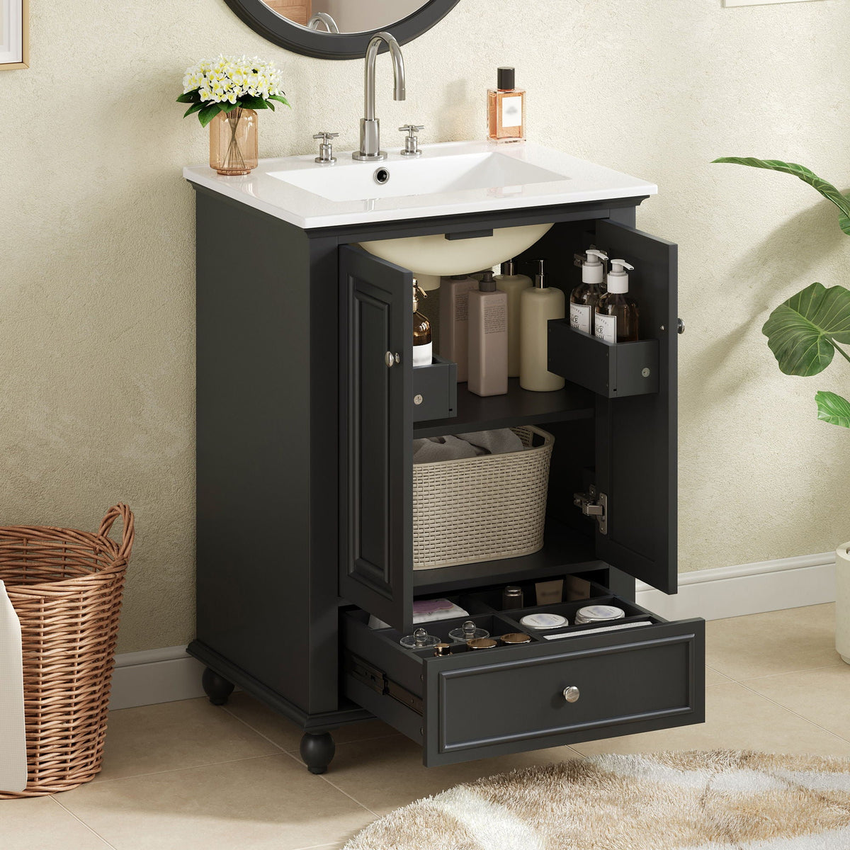 Modern Bathroom Vanity With Sink, Cabinet With Drawer And Dividers, Rectangular Storage Unit, photo 29 of 40