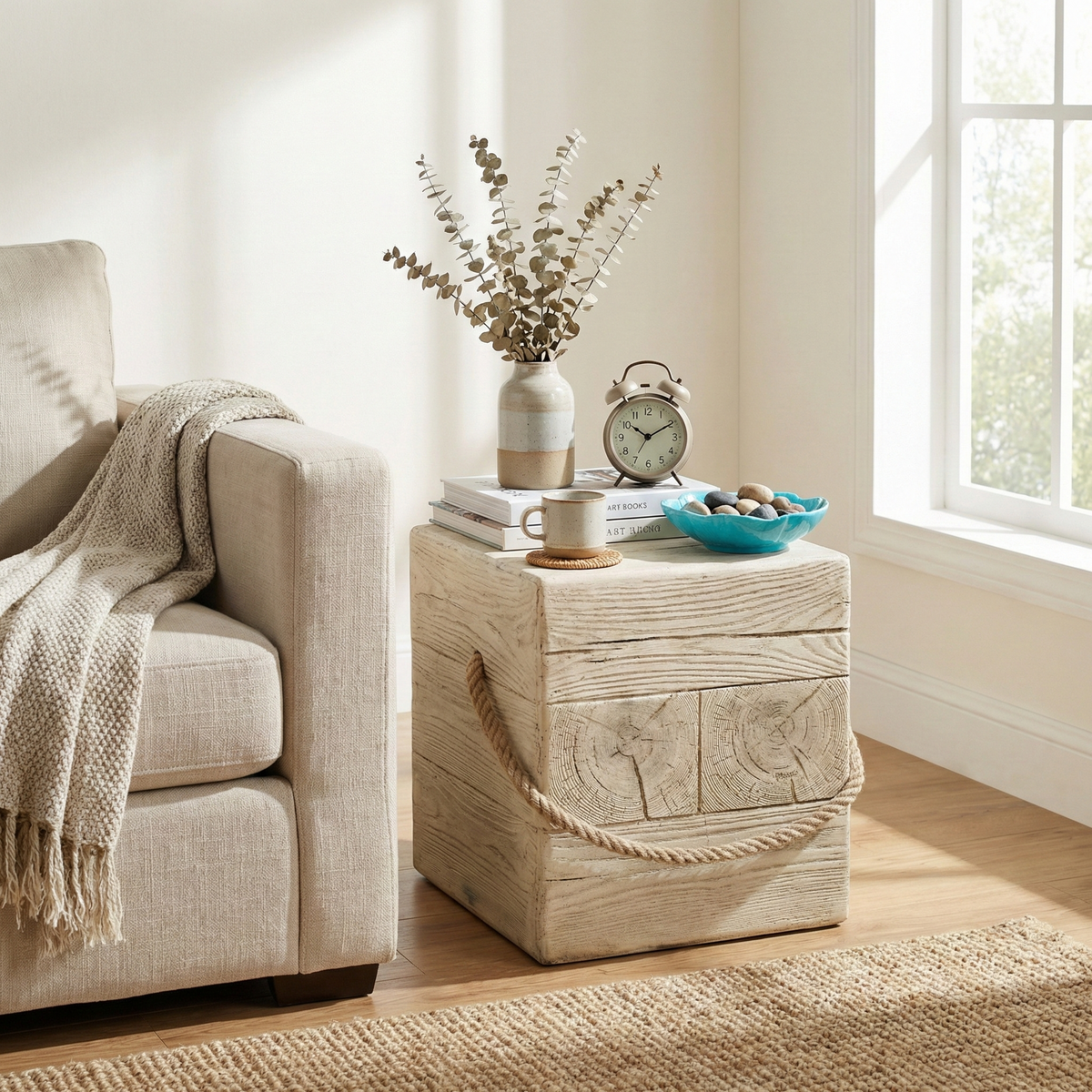 Outdoor Wood Grain Square MGO Side Table with Simulated Braided Cord, photo 2 of 10