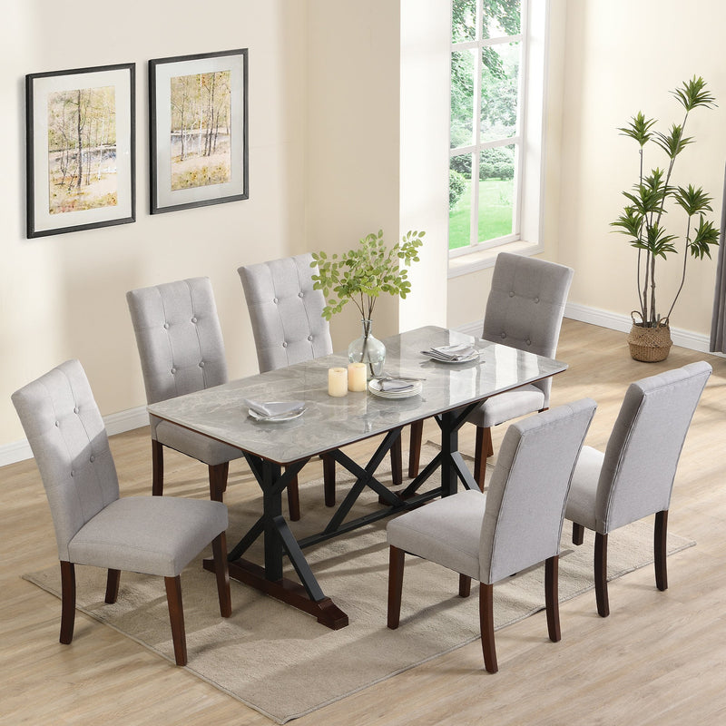 7-piece Modern Dining Table Set, Gray Sintered Stone Dining Table with 6 Tufted Upholstered Chairs, 63-inch Rectangle Dining Table for Dining Room