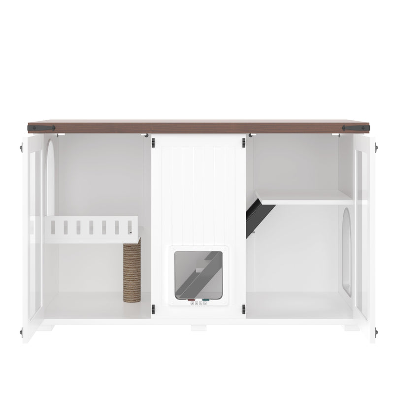 47.25' Large Cat Litter Box Enclosure with LED Light, Hidden Litter Box Furniture, Cat House with Stairs and Cat Scratching Post, Cat Cabinet Side Table with Smart Doors for Living Room, White