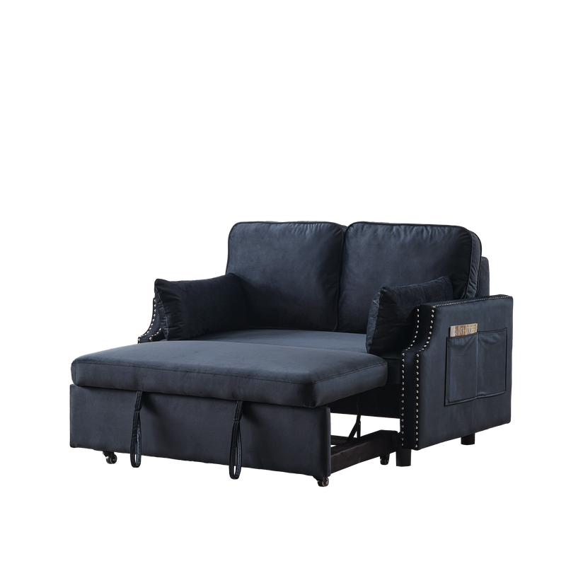 50" Velvet Upholstered Sleeper Sofa bed with Side Storage Pockets, Nailhead Design, 2-Seater Sofa with 2 Pillows and removeable Backrest Pull-out Sofa Bed for Small Spaces in Living Rooms