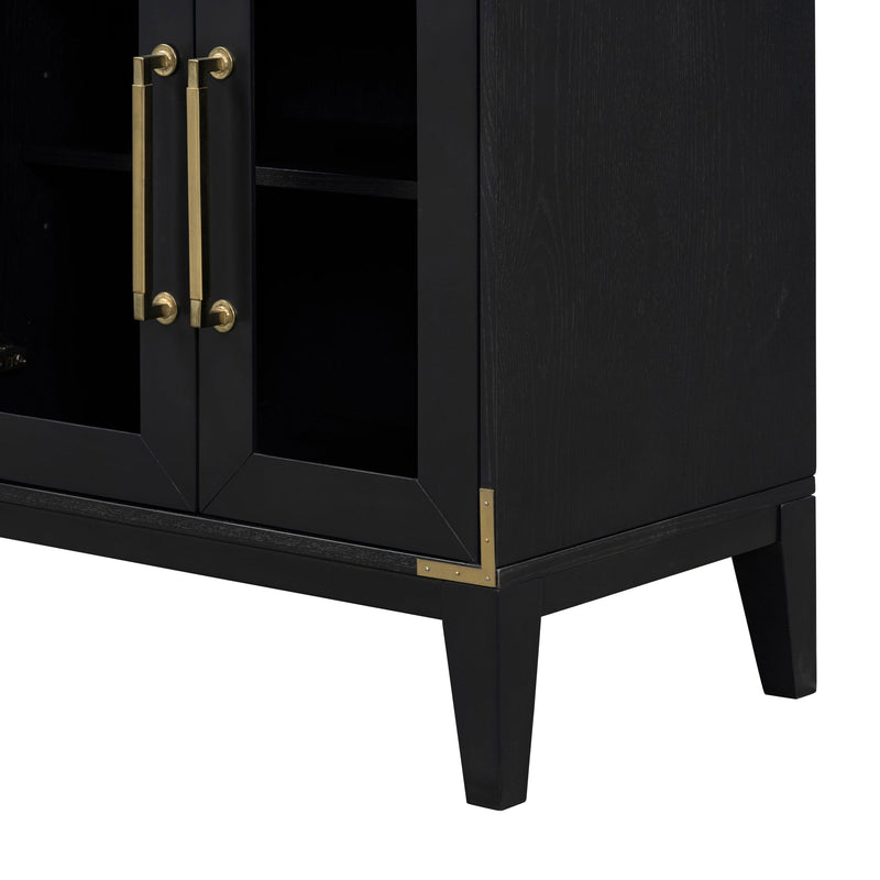 6-drawer and 2-Cabinet Retro Sideboard with Extra Large Storage Space, with Gold Handles and Solid Wood Legs, for Kitchen and Living Room (Black)