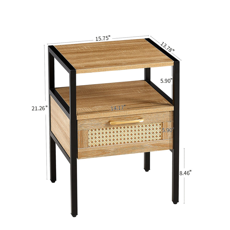 15.75" Rattan End table with drawer, Modern nightstand, metal legs,side table for living room, bedroom,natural(1 pc)