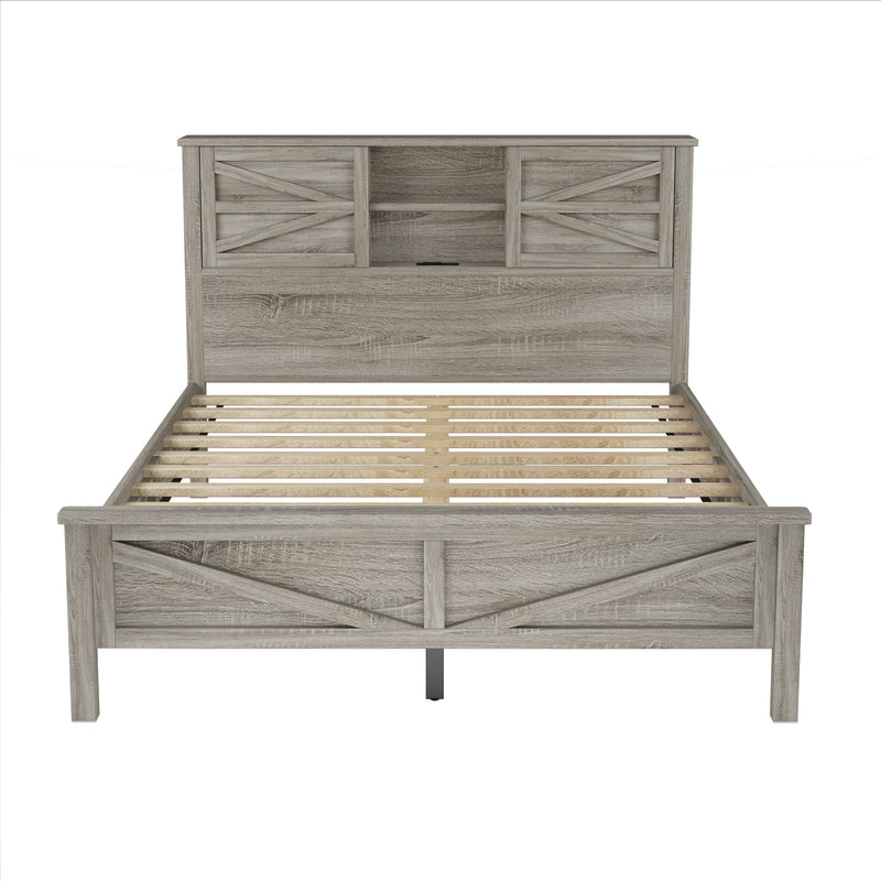3-Pieces Bedroom Sets Queen Size Farmhouse Platform Bed with Double Sliding Door Storage Headboard and Charging Station, Storage Nightstand and Dresser, Antique Gray