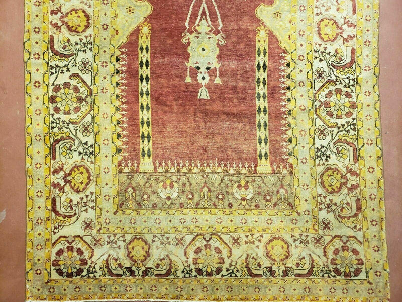 4' 5" X 7' Antique HandmadeTurkish Prayer Melas Oushak Wool Rug Mehrab Nice