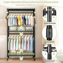 Heavy Duty Rolling Clothes Rack with 3 Tier Shelves, 2 Rails & Side Hooks, Adjustable Freestanding Organizer, Black Metal