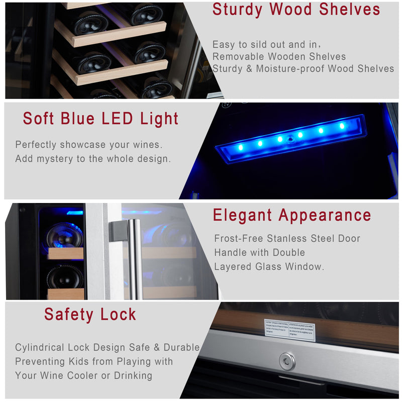 24" Wine Cooler Refrigerator - Dual Zone Built-in or Freestanding Fridge with Stainless Steel Tempered Glass Door and Temperature Memory Function