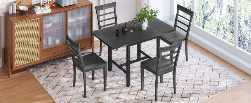 5-Piece Wood Square Drop Leaf Breakfast Nook Extendable Dining Table Set with 4 Ladder Back Chairs for Small Places, Gray