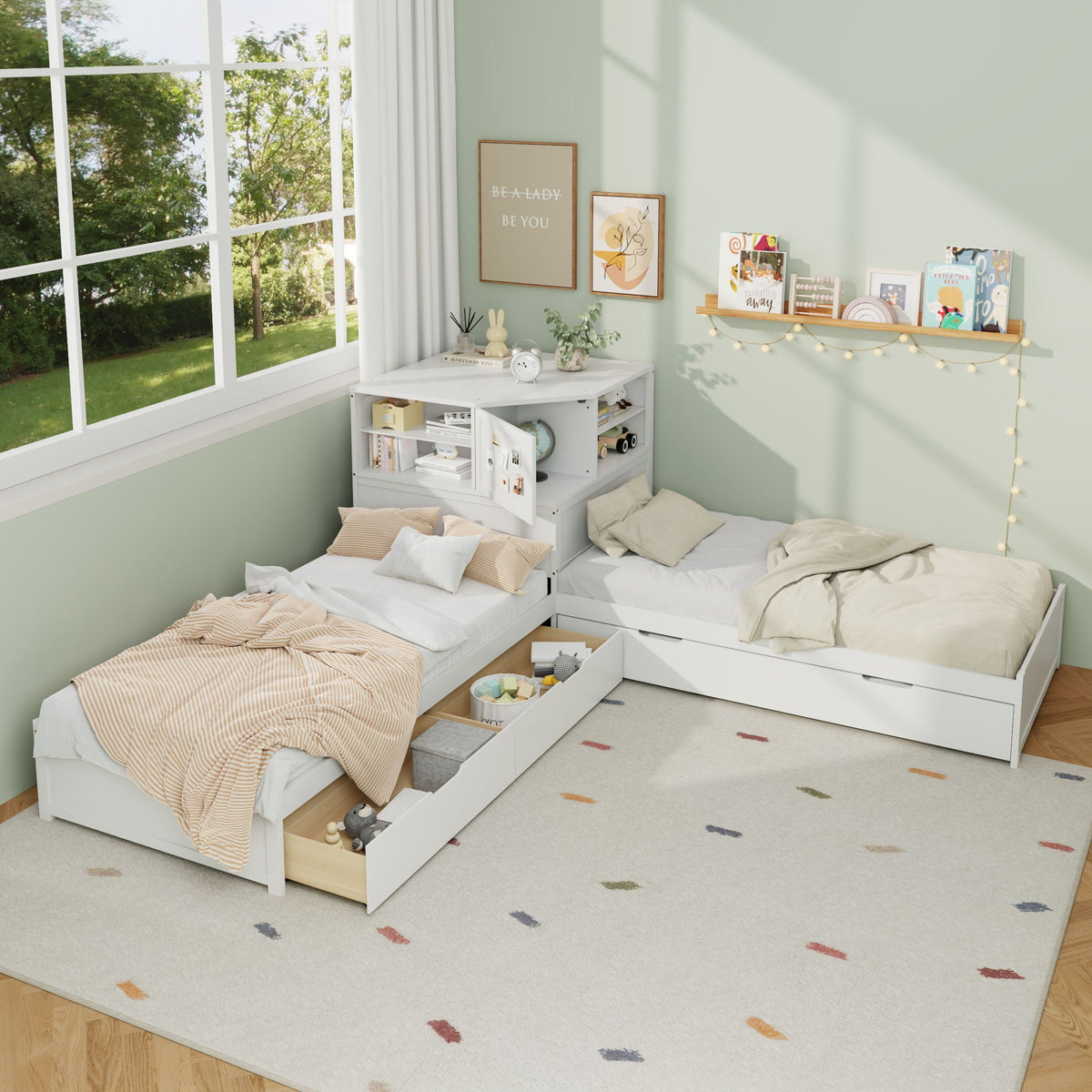 L-Shaped Bed Frame With Trundle, Built In Desk & LED Lighting, photo 20 of 31