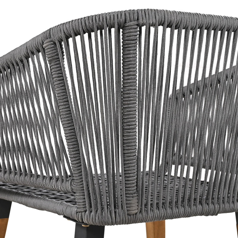 6-Piece Rope Patio Furniture Set, Outdoor Furniture with Acacia Wood Cool Bar Table with Ice Bucket, Deep Seat Patio Conversation Set with Two Stools for Backyard Porch Balcony (Grey)