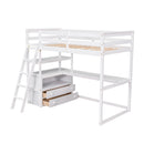 Modern Loft Bed With Built In Desk, Shelves, And 2 Drawers