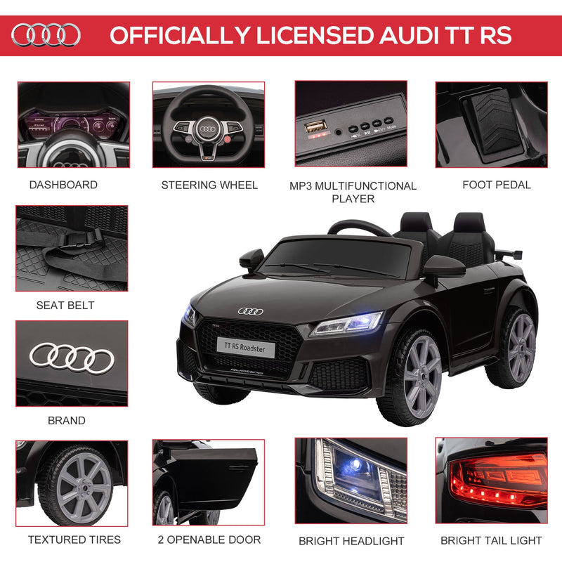 6V Kids Electric Ride On Car, Licensed Audi TT RS with Suspension System and Remote Control, Horn, 5 Songs, Lights, MP3 Player - Black