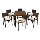 7 piece Outdoor Patio Wicker Dining Set Patio Wicker Furniture Dining Set w/Acacia Wood Top Brown Wicker + Cream Cushion