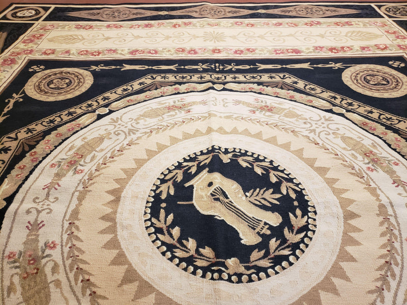 8x10 Woolen Needlepoint Rug Black European Savonnerie Carpet Circles Flat Weave Carpet Area Rug New Handmade Hand-Knotted Harp Flowers