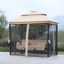 3-Seat Patio Swing Chair, Outdoor Gazebo Swing with Double Tier Canopy, Mesh Sidewalls, Cushioned Seat and Pillows, Beige