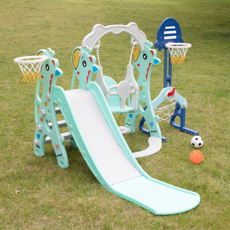 5 in 1 Slide and Swing Playing Set, Toddler Extra-Long Slide with 2 Basketball Hoops, Football, Ringtoss, Indoor Outdoor