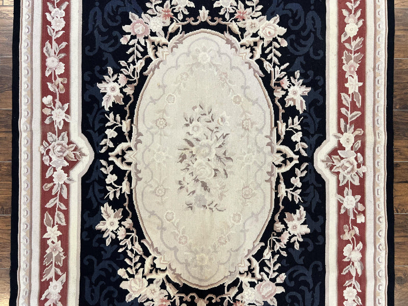 Needlepoint Rug 5x8, Wool Handmade Vintage European Design Carpet, Black & Maroon, French Aubusson Pattern Flatweave Rug