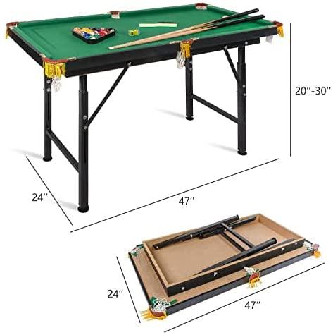 47" Folding Portable Billiard Table for Kids and Family - Pool Game Table with Cues, Balls, Chalk, Cleaning Brush, Tripod - Home or Office Play Fun