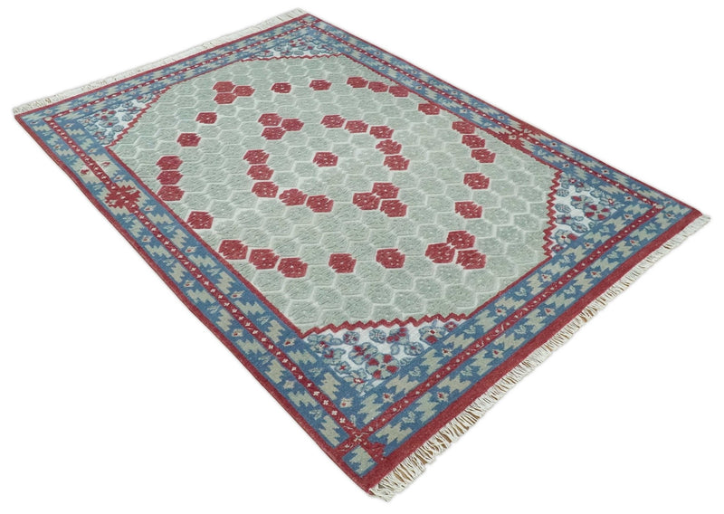 7x10 Hand Knotted Green, Red and Blue Traditional Persian Oushak Wool Rug | AC7710