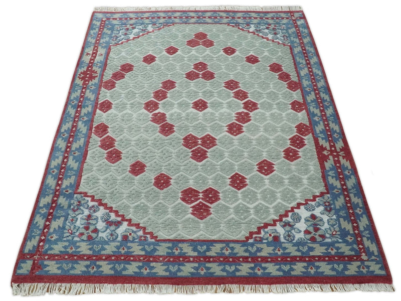 7x10 Hand Knotted Green, Red and Blue Traditional Persian Oushak Wool Rug | AC7710