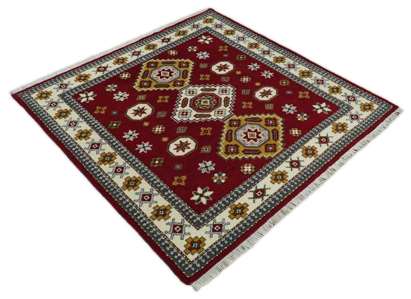 7x7 Sqaure Hand Knotted traditional Kazak Rust and Ivory Traditional Armenian Rug | KZA20